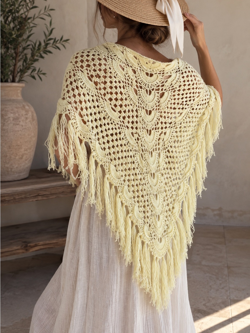 Lightweight Crochet Fringe Shawl in Pale Yellow